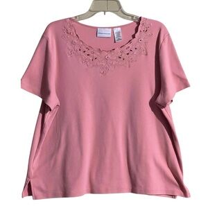 Alfred Dunner Pink Embroidered Short Sleeve Top